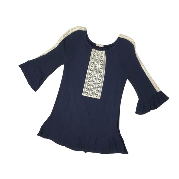 Indigo Soul Navy Blue Lace Detail Bracelet Sleeve Tunic Top Small - Picture 7 of 13